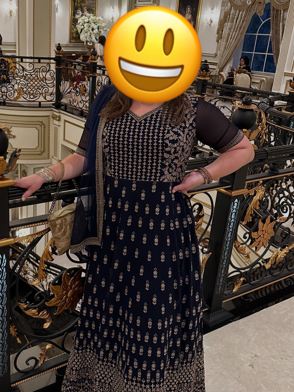 Navy Blue Embellished Evening Anarkali Dress with Gold Accents